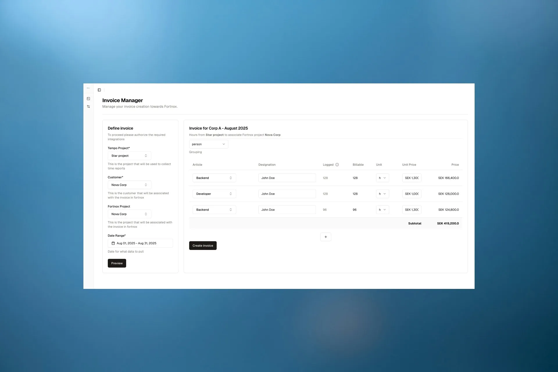 Optimanage dashboard showing invoice generation